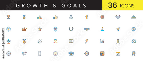 Growth and Goals Color Icon Set – Business Development, Success, Strategy, Motivation Icons