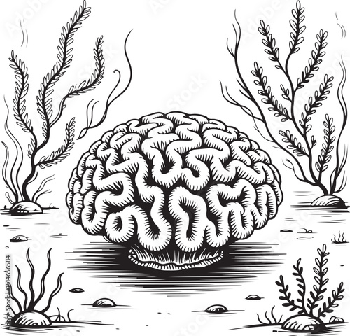 Underwater Brain Coral Illustration – Intricate Black and White Sea Life Drawing