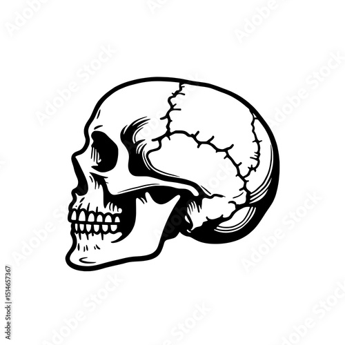 Skull Silhouette: A stark, black and white silhouette of a human skull. Highlighting bone detail and overall form, is a timeless symbol of mortality and contemplation.