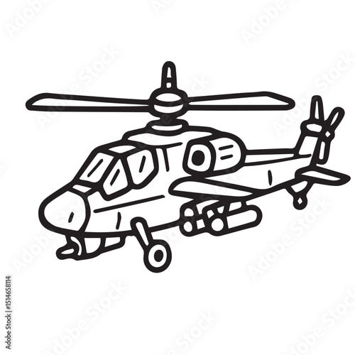A black and white vector illustration of a helicopter, outlined in bold black, highlighting its rotors, landing skids, and aerodynamic body design.

