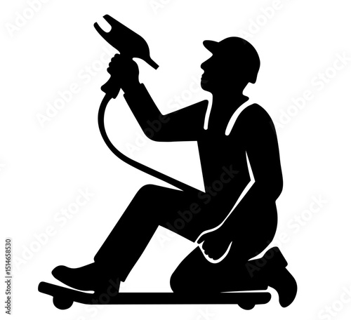Silhouette of Auto Mechanic on Rolling Creeper with Pneumatic Tool – Car Maintenance, Vehicle Repair, Underbody Inspection, Manual Labor, Garage Equipment and Technical Diagnostics in Automotive Servi