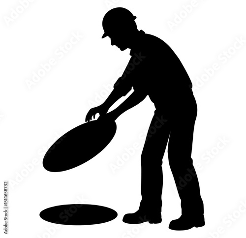 Silhouette of a Utility Worker Opening a Manhole Cover, Wearing Safety Helmet, Uniform. Urban Infrastructure Maintenance, Sewer Inspection, Underground Utility Access, City Services, Municipal Safety 