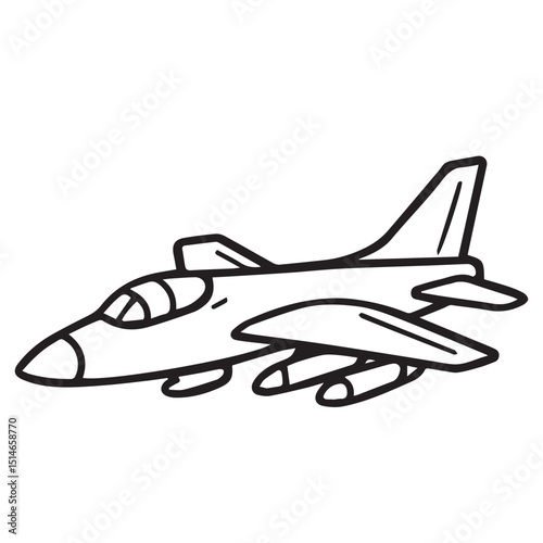 A black and white vector of a fighter jet, outlined in bold black lines, showcasing sharp angles and military aircraft design details.


