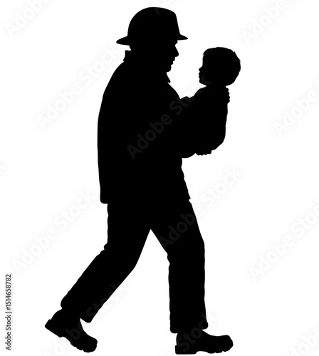 Silhouette of a Firefighter Carrying a Child Rescued from Smoke Inhalation – Emergency Response, Heroism, Life-Saving Action, Fire Rescue, Public Safety, Crisis Management

