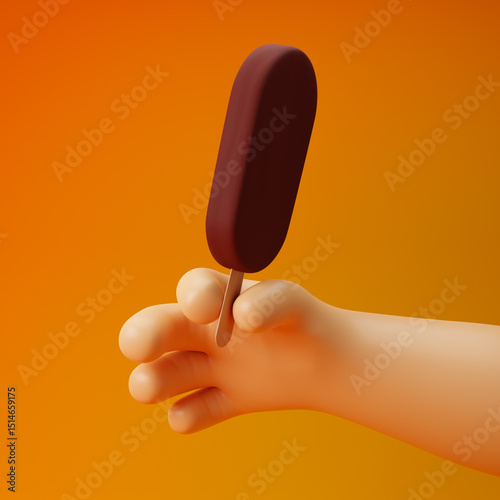 Fototapeta Naklejka Na Ścianę i Meble -  Cartoon hand holding ice cream on stick isolated over yellow background. 3d rendering.
