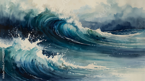 "Dynamic watercolor painting depicting powerful ocean waves crashing with splashes foam. hints of warm tones create a dramatic seascape full of energy and movement, evoking the raw force of nature"