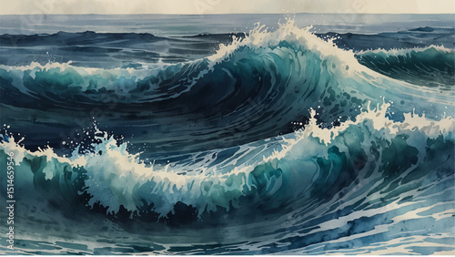 "Dynamic watercolor painting depicting powerful ocean waves crashing with splashes foam. hints of warm tones create a dramatic seascape full of energy and movement, evoking the raw force of nature"