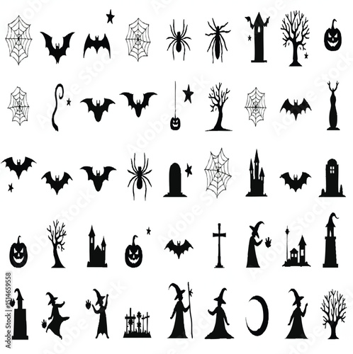 Halloween Vector Elements Silhouette Mega Set. Isolated on white background.




