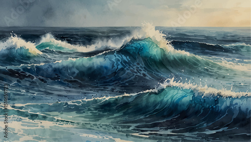 "Dynamic watercolor painting depicting powerful ocean waves crashing with splashes foam. hints of warm tones create a dramatic seascape full of energy and movement, evoking the raw force of nature"