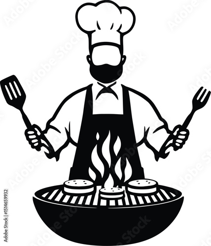 Bearded Chef Grilling with Barbecue Tools – Representation of Cooking, Culinary Skills, and Outdoor Grilling Vector Illustration