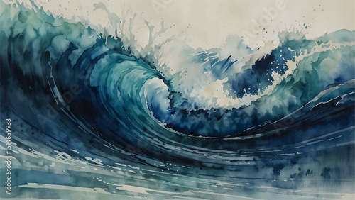 "Dynamic watercolor painting depicting powerful ocean waves crashing with splashes foam. hints of warm tones create a dramatic seascape full of energy and movement, evoking the raw force of nature"