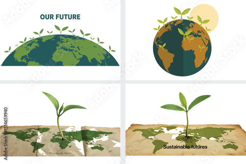Green ecology concept illustration with planet Earth, leaf, and recycling symbols for environmental conservation