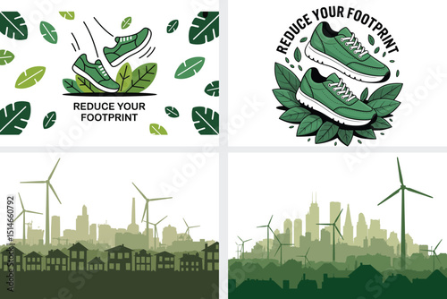 Wind power plant with wind turbines and green grass, an eco-friendly nature energy illustration