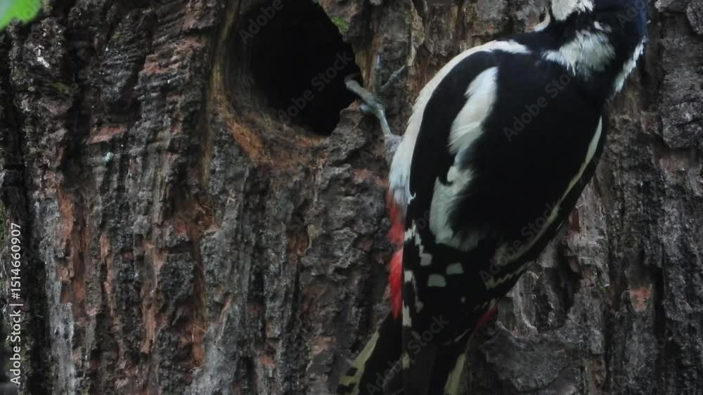 Female Great spotted woodpecker emerging from its nest in a chestnut tree