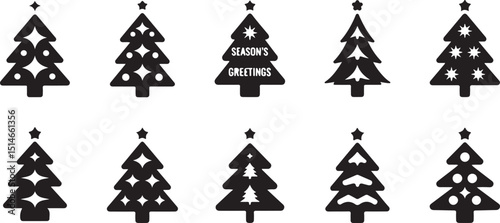 Season’s Greetings Christmas Trees – Black Silhouette Icons with Cutout Designs