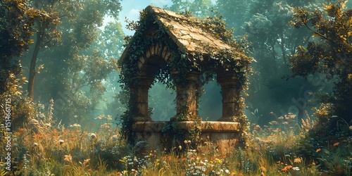 A moss-covered stone well surrounded by lush greenery and wildflowers in an enchanting forest setting. The soft light creates a magical atmosphere, ideal for exploration.