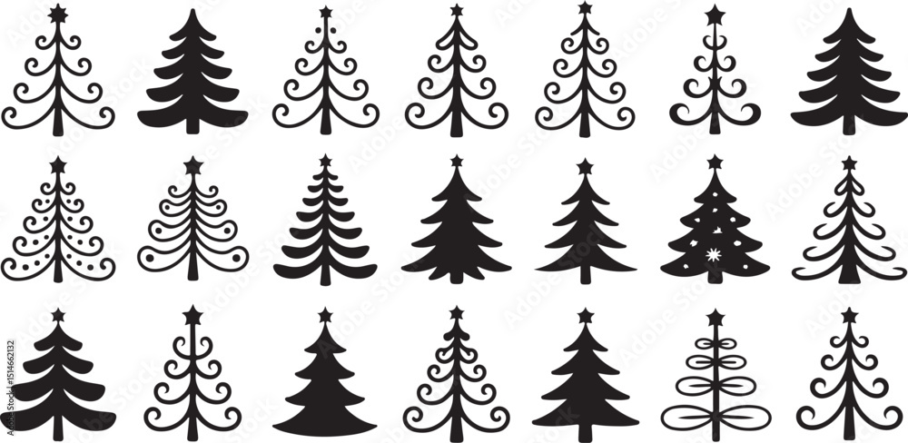 Fototapeta premium Christmas Tree Icon Set – Decorative Swirl and Solid Tree Silhouettes