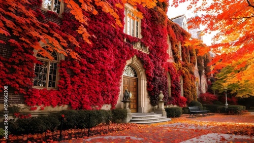 Historic Ivy League College in Autumn with Ivy-Covered Brick Architecture

