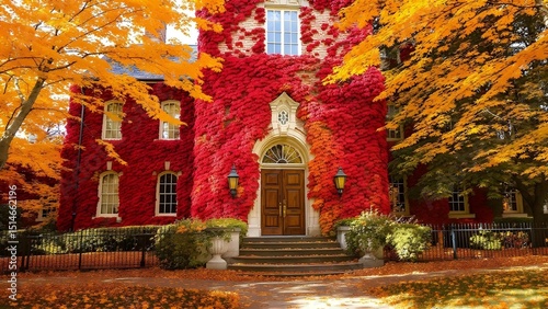Historic Ivy League College in Autumn with Ivy-Covered Brick Architecture

