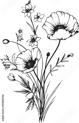 Stylish and graceful black wildflower tattoo vector design Modern wildflower tattoo design element with crisp black outlines