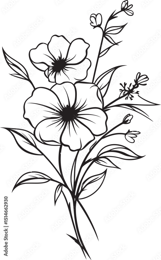 Beautiful black line wildflower tattoo design element with fine details Modern wildflower tattoo vector icon with crisp black lines Beautiful black line wildflower tattoo design element with fine details Modern wildflower tattoo vector icon with crisp black lines