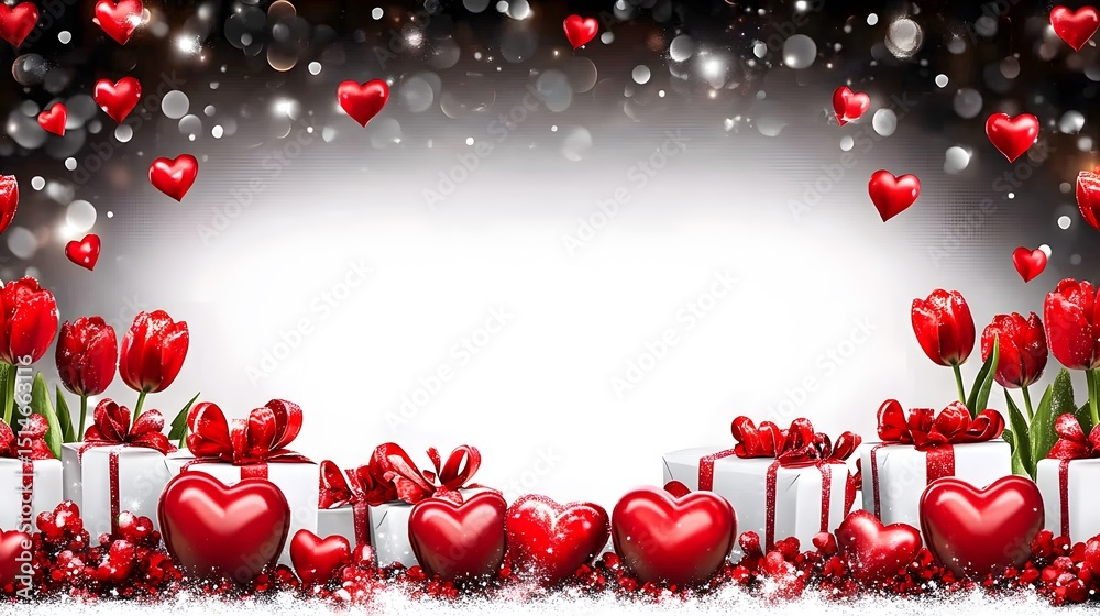 Obraz premium Romantic Valentine's Day Gift Background with Red Tulips and Hearts