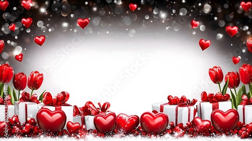Romantic Valentine's Day Gift Background with Red Tulips and Hearts