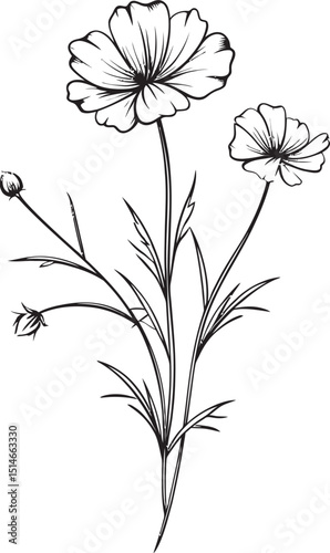 Bold wildflower tattoo vector icon featuring graceful black line art Intricate black wildflower tattoo design element with organic shapes