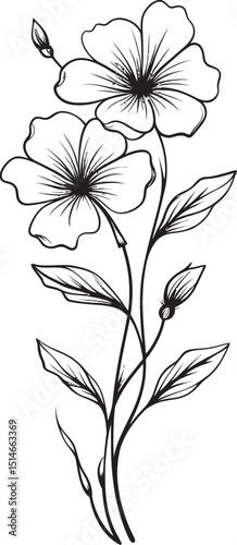 Elegant black wildflower tattoo vector with natural leaf shapes Graceful black wildflower tattoo element featuring fine line details