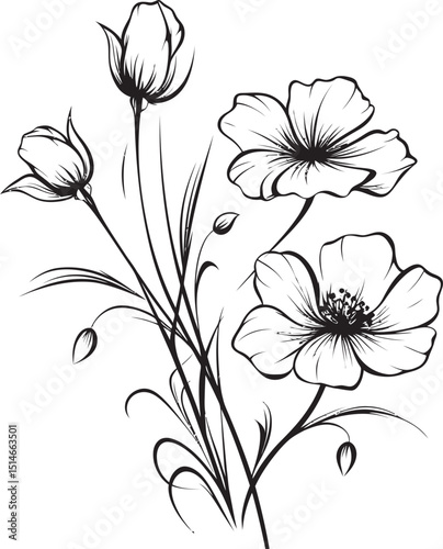 Black line art wildflower tattoo icon with bold flowing shapes Artistic black wildflower tattoo vector with natural petal details
