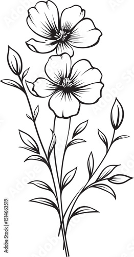 Stylish black floral tattoo design element in line art style Modern wildflower tattoo design with graceful black outlines