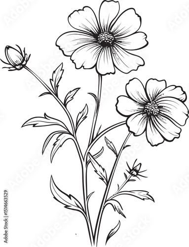 Modern wildflower tattoo design with graceful black outlines Sophisticated black wildflower tattoo vector logo with curves