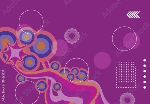 Abstract art with colorful circles and flowing lines on purple background