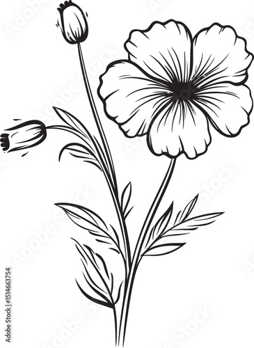 Modern black wildflower tattoo design with organic flowing lines Stylish black wildflower tattoo vector icon with graceful detail