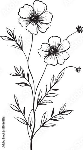 Sophisticated Wildflower Tattoo Element in Clean Black Line Art Beautiful Black Wildflower Tattoo Design with Subtle Petal Curves