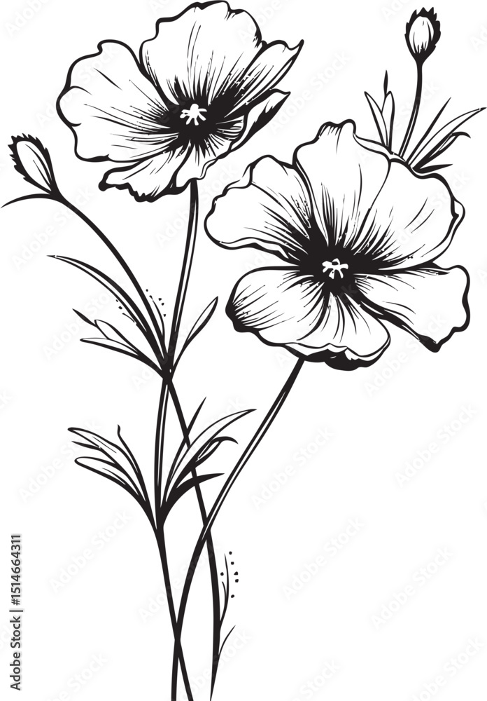 Obraz premium Graceful black line art wildflower tattoo element in vector design Stylish black wildflower tattoo design with fine line details