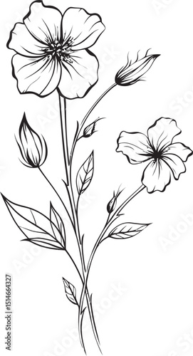 Black line art wildflower tattoo design with graceful curves Artistic black wildflower tattoo element with fine line work