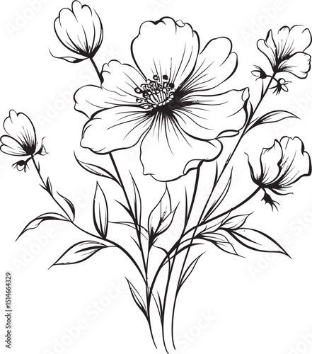 Bold black wildflower tattoo design with clean flowing lines Graceful wildflower tattoo element in simple black vector design