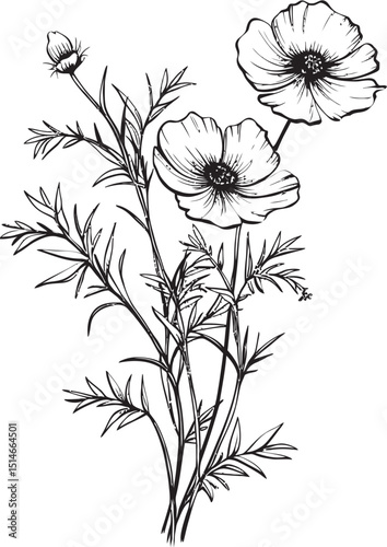 Modern black wildflower tattoo design with fine line details Bold black line art wildflower tattoo vector icon with organic shapes