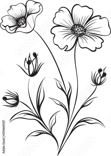 Artistic wildflower tattoo vector icon with soft and flowing lines Modern black wildflower tattoo design with fine line details
