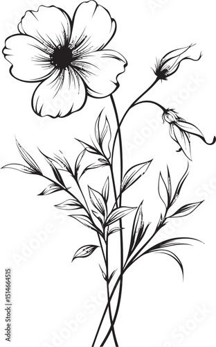 Graceful black wildflower tattoo vector icon with fine line art Artistic wildflower tattoo design element with elegant curves