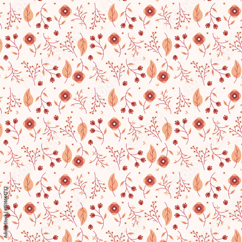 Seamless floral pattern with hand-drawn flowers, leaves, and berries in warm terracotta and blush tones, evoking a soft autumn or rustic botanical feel