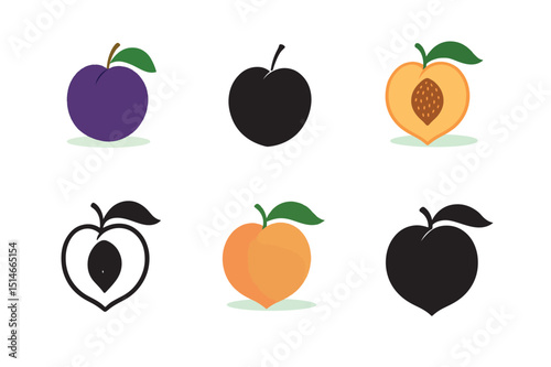 Plums and Peaches Fruit Icons  Vector Illustrations for Design Projects