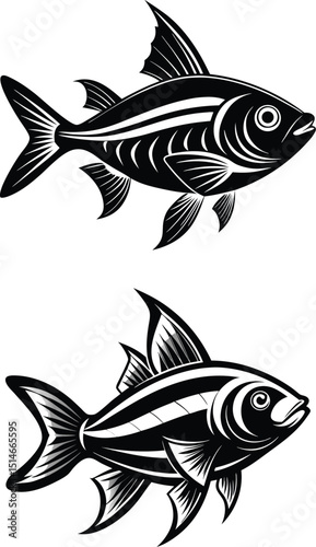 Neon Tetra Fish Silhouette | Hyper-Realistic Black and White Digital Illustration