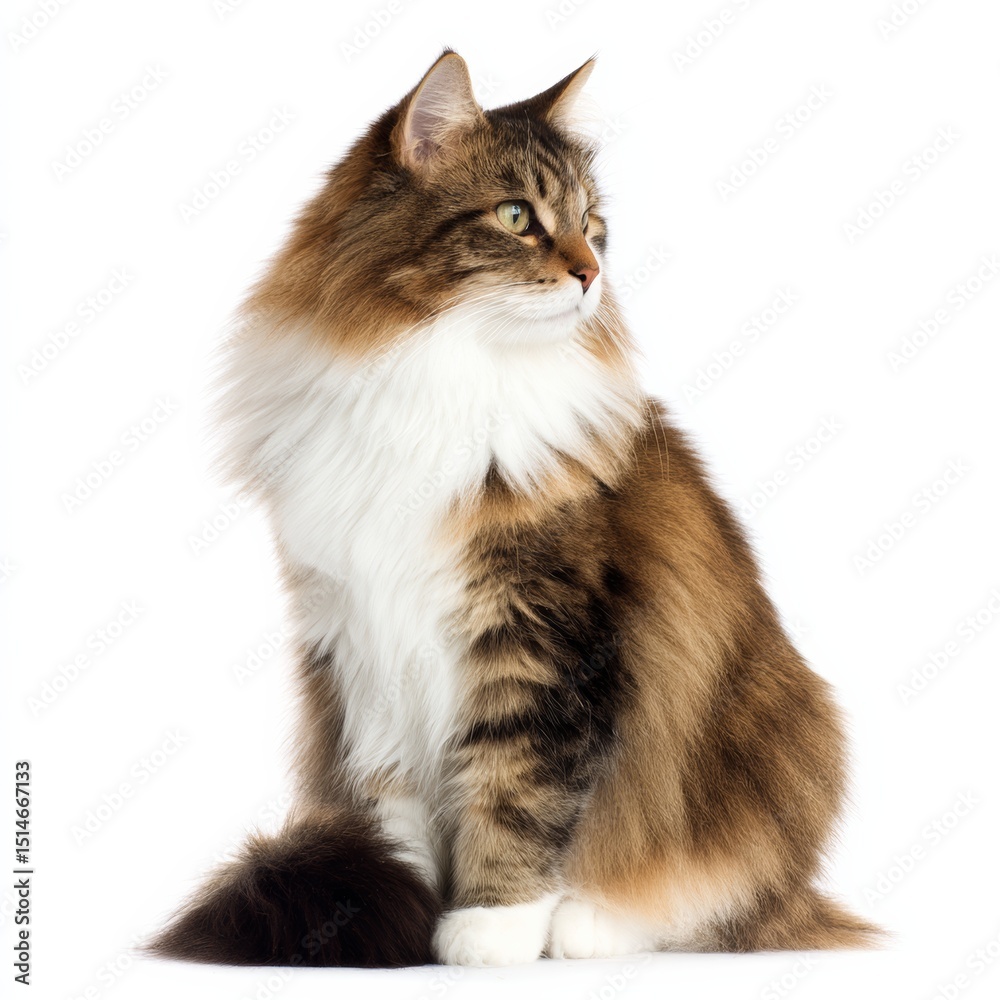 Obraz premium Alert Norwegian Forest Cat Sitting Gracefully Against White Background