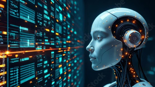 Humanoid robot reads and analyzes data on huge display. Work of artificial intelligence in field of programming. Large base of digital code