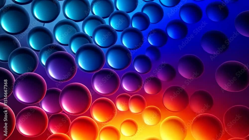 Transform glasses with multicolored paint into smooth shiny bubbles or beads. Abstract transformation of bright background. Top view. Dynamic multicolored rings in motion on vibrant background