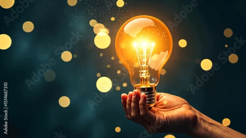 Idea. Man holds glowing light bulb in his palm. Sparks fly apart. Incandescent lamp in hand close-up on dark background
