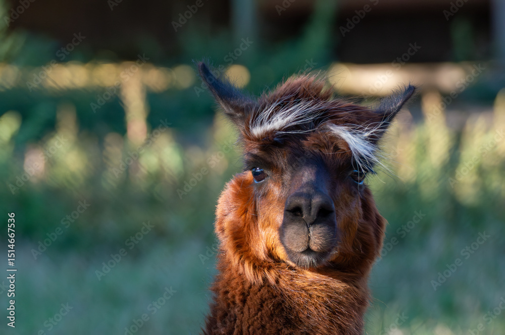 Fototapeta premium Llama standing in a sunny field with soft grass and greenery surrounding it during the afternoon hours