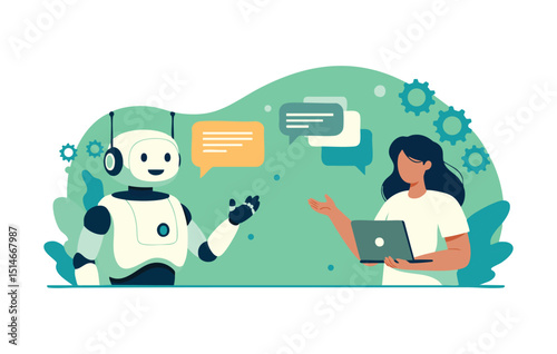 Flat Illustration AI Chatbot and Woman Communicating, Modern Customer Service Concept, Future Technology, Digital Assistance, Virtual Support